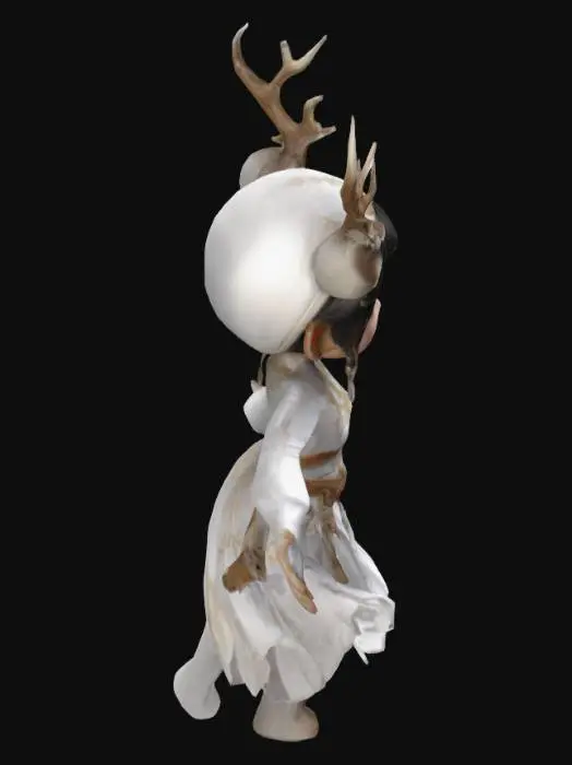 3D model for 1. 主体造型：动画建模Q版白泽少女，兽耳保留鹿角特征。保留尾巴特征
2. 服饰细节：白色广袖流仙裙
3. 材质表现：丝绸材质用SSS次表面散射，金属配件做旧处理 ，面部轮廓超清画质
4. 动态设计：两手伸直抬平处于一个高度伸直，人物正对。双脚迈开清晰可分
5. 场景构建：绿幕素材
6. 渲染参数：Octane渲染器，HDRI环境光+三点布光系统，