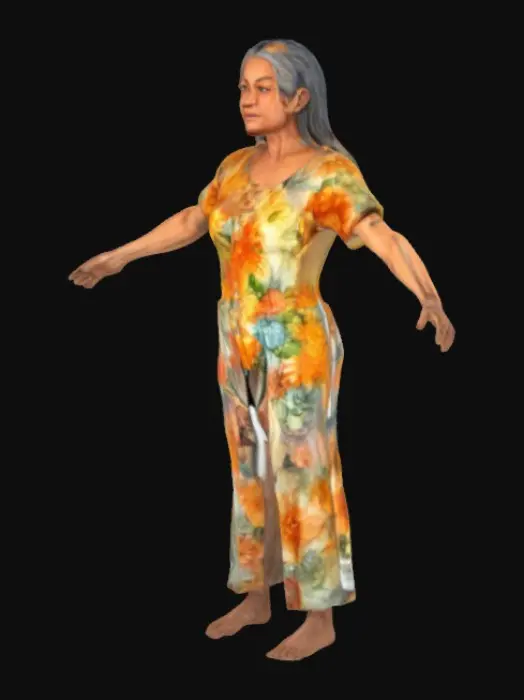 3D model for A full body frontal shot of a filipino grandmmother in T-pose, wearing floral top and floral pants, barefooted. Her long hair tied in half ponytail. symmetrical, good anatomy and eyes, best quality, detailed mesh, high resolution, super detail, best quality, 4K, 8K, HDR, studio quality beautiful, elegant, realistic, ultra realistic

Negative Prompt
bad anatomy, deformed, squashed feet, extra limbs and fingers, worst quality, missing fingers and feet, poor lighting, unnatural, blurry mess