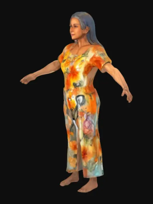 3D model for A full body frontal shot of a filipino grandmmother in T-pose, wearing floral top and floral pants, barefooted. Her long hair tied in half ponytail. symmetrical, good anatomy and eyes, best quality, detailed mesh, high resolution, super detail, best quality, 4K, 8K, HDR, studio quality beautiful, elegant, realistic, ultra realistic

Negative Prompt
bad anatomy, deformed, squashed feet, extra limbs and fingers, worst quality, missing fingers and feet, poor lighting, unnatural, blurry mess