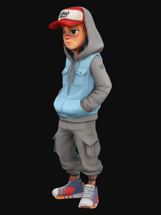 3D model for Subway Surfers character, male, with a grey hoodie, light blue vest, and red cap. Full body, cartoonish proportions, game ready asset.