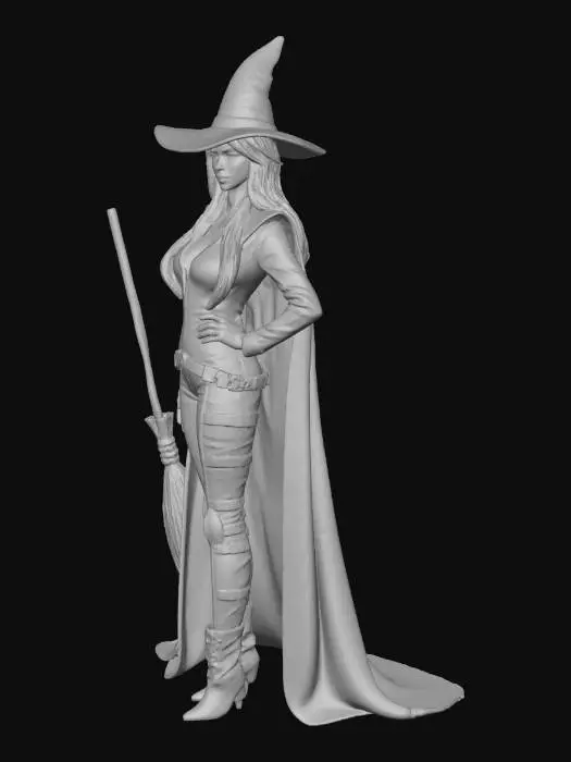 3D model for A slick witch with belts buckles and attitude. Black and red stripes and tight fitting clothes with a broom