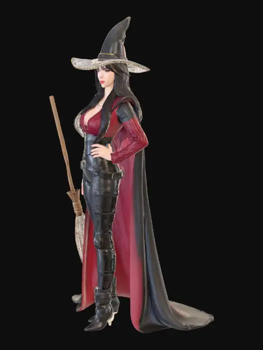 3D model for A slick witch with belts buckles and attitude. Black and red stripes and tight fitting clothes with a broom