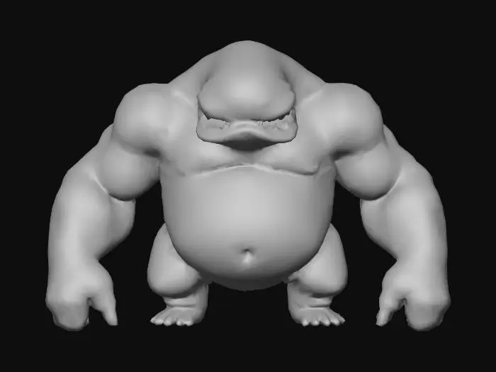 3D model for Un imposant être grotesque, d'une masse considérable et d'une apparence repoussante. Sa surface est recouverte d'une peau bulbeuse et craquelée, d'une texture rugueuse et d'un aspect visqueux par endroits, évoquant une matière organique altérée. Sa couleur est un mélange terne de verts boueux et de bruns grisâtres, avec des taches de pourpre. Sa forme est amorphe et asymétrique, avec des bosses inégales et des creux profonds, rendant son contact potentiellement friable et froid.