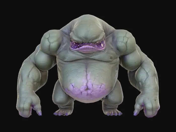 3D model for Un imposant être grotesque, d'une masse considérable et d'une apparence repoussante. Sa surface est recouverte d'une peau bulbeuse et craquelée, d'une texture rugueuse et d'un aspect visqueux par endroits, évoquant une matière organique altérée. Sa couleur est un mélange terne de verts boueux et de bruns grisâtres, avec des taches de pourpre. Sa forme est amorphe et asymétrique, avec des bosses inégales et des creux profonds, rendant son contact potentiellement friable et froid.