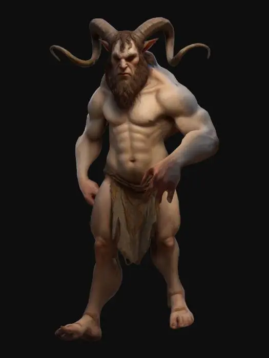 3D model for scary mythology satyr anthropomorphic character, Hieronymus, highly detailed skin texture, confident expression, featuring large hands and feet. Bosh art style, high resolution, even lighting, best quality,  medieval stylized male body proportionsRealistic 3D anatomically accurate fingers and toes, vibrant colors, dimmersive realism, well lit, Hyperrealism 4K, T-pose, Full body, Unity-ready, Character Design, mmorpg, 