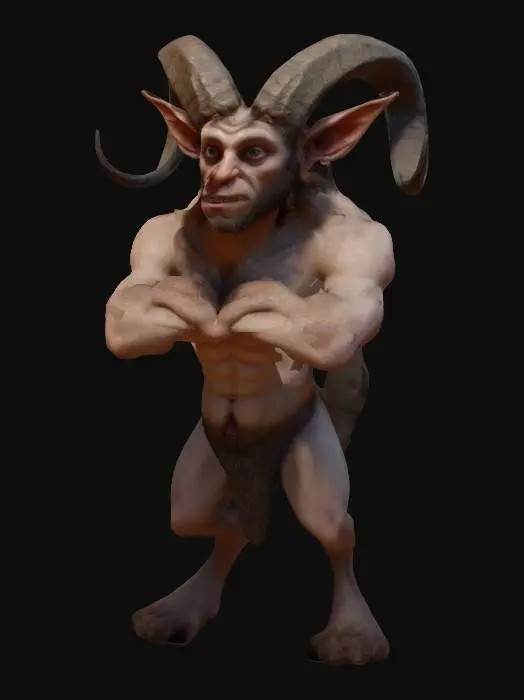 3D model for scary mythology satyr, highly detailed skin texture, confident expression, Bosh art style, high resolution, even lighting, best quality, medieval stylized male body proportions Realistic 3D, vibrant colors, dimmersive realism, well lit, Hyperrealism 4K, T-pose, Full body, Unity-ready, Character Design, mmorpg, 