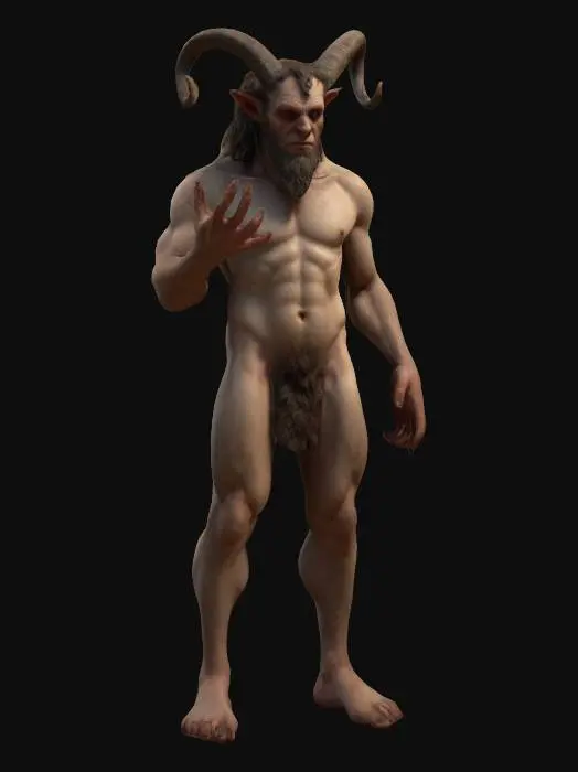 3D model for scary mythology satyr anthropomorphic character, Hieronymus, highly detailed skin texture, confident expression, featuring large hands and feet. Bosh art style, high resolution, even lighting, best quality,  medieval stylized male body proportionsRealistic 3D anatomically accurate fingers and toes, vibrant colors, dimmersive realism, well lit, Hyperrealism 4K, T-pose, Full body, Unity-ready, Character Design, mmorpg, 