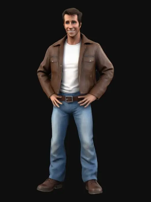 3D model for Fonzie from the Happy Days TV series, wearing a weathered brown leather jacket, plain whit t-shirt, blue jeans and engineer's boots, full body, t pose, a pose, arms extended outwards, t-pose, a-pose, digital art, 4k, fine details, sharp, very detailed, high resolution, masterpiece, 