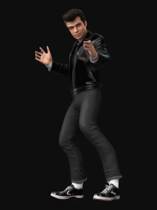 3D model for Danny Zuko from the film Grease, wearing a T-bird jacket, black Perfecto, black jeans, black leather shoes and white socks. full body, t pose, a pose, arms extended outwards, t-pose, a-pose, digital art, 4k, fine details, sharp, very detailed, high resolution, masterpiece,
