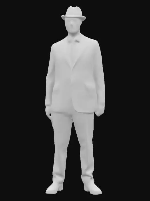 3D model for #3DModeling, John Steed, very elegant man from the British TV series "The Avengers", wearing a very elegant 1960s suit and bowler hat. full body, t pose, a pose, arms extended outwards, t-pose, a-pose, digital art, 4k, fine details, sharp, very detailed, high resolution, masterpiece, #My3DWithMeshy2024