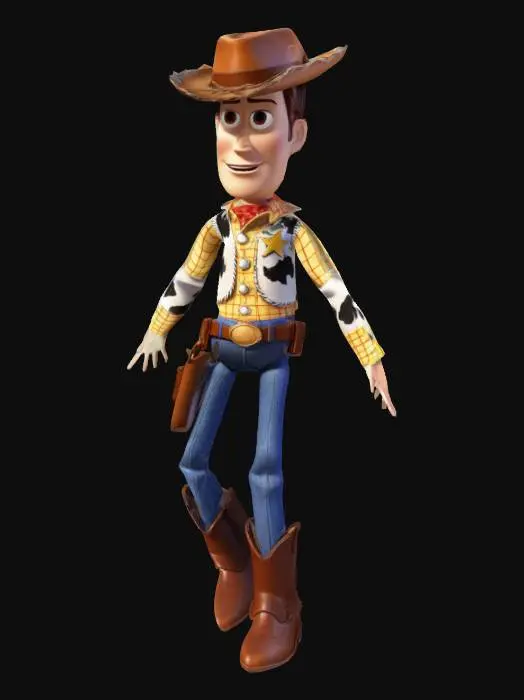 3D model for Sheriff Woody character from the Toy Story saga, full body, t pose, a pose, arms extended outwards, t-pose, a-pose, digital art, 4k, fine details, sharp, very detailed, high resolution, masterpiece, 