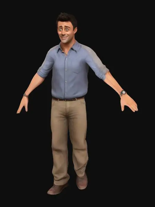 3D model for Joey Tribbiani character from the TV series Freinds. A jovial, joking attitude, full body, t pose, a pose, arms extended outwards, t-pose, a-pose, digital art, 4k, fine details, sharp, very detailed, high resolution, masterpiece, 