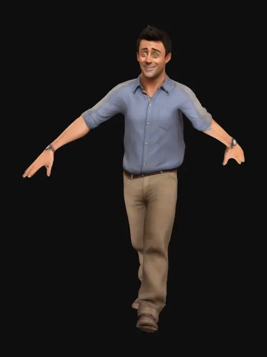 3D model for Joey Tribbiani character from the TV series Freinds. A jovial, joking attitude, full body, t pose, a pose, arms extended outwards, t-pose, a-pose, digital art, 4k, fine details, sharp, very detailed, high resolution, masterpiece, 