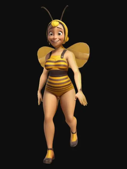 3D model for maya l'abeille  style pin-up character from the TV series Maya the bee. A jovial attitude, full body, t pose, a pose, arms extended outwards, t-pose, a-pose, digital art, 4k, fine details, sharp, very detailed, high resolution, masterpiece, 