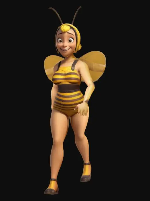 3D model for maya l'abeille  style pin-up character from the TV series Maya the bee. A jovial attitude, full body, t pose, a pose, arms extended outwards, t-pose, a-pose, digital art, 4k, fine details, sharp, very detailed, high resolution, masterpiece, 