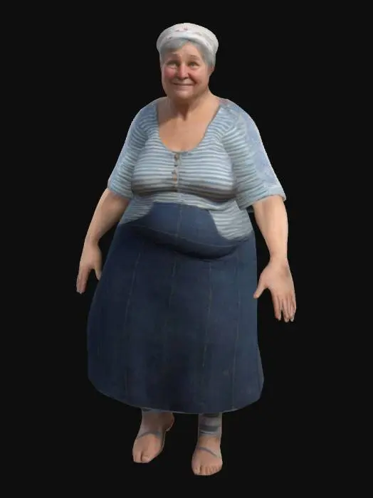 3D model for Femme bigoudène bretonne, 60 ans,  en surpoids, légèrement voûté, jovial attitude, full body, t pose, a pose, arms extended outwards, t-pose, a-pose, digital art, 4k, fine details, sharp, very detailed, high resolution, masterpiece, 