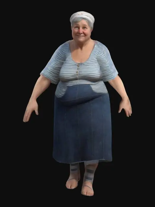 3D model for Femme bigoudène bretonne, 60 ans,  en surpoids, légèrement voûté, jovial attitude, full body, t pose, a pose, arms extended outwards, t-pose, a-pose, digital art, 4k, fine details, sharp, very detailed, high resolution, masterpiece, 