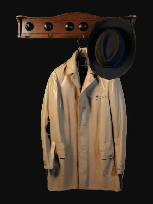 3D model for Vintage 1940s detective office style coat rack, beige raincoat and black hat hanging from the rack.
Look for ladders, the wood of the coat rack is dark and smooth, lightly carved. The texture of the clothes is ultra-realistic, digital art, 4k, fine details, sharp, very detailed, high resolution, masterpiece, 