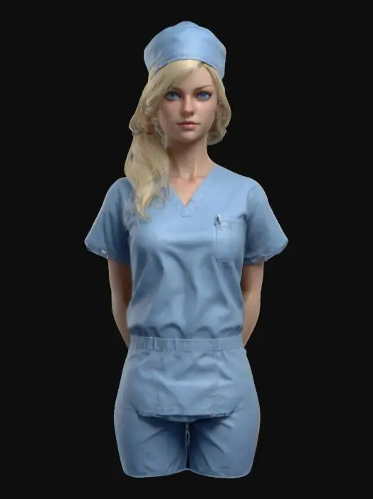 3D model for Ultra-realistic pulpy woman surgeon with surgeon's blue cap on head, blonde hairstyle, blue eyes, wearing Surgical short sleeve blue shirt and pants with no beltset. Symmetrical and highly detailed, with expressive eyes, soft facial features, and modern, casual style. Natural proportions, perfect for a realistic character model , Game Assets, Highly Detailed, Ultra Realistic, Full Body, Digital Art, 4k, Fine Details, Very detailed, high resolution.