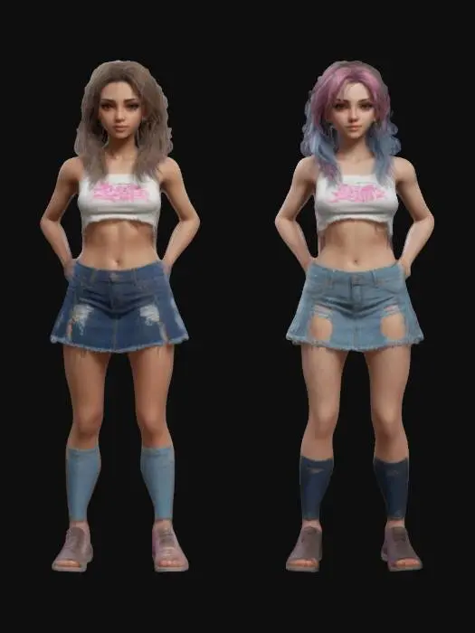 3D model for Two pretty, ultra-realistic twin sisters, different hairstyles and colors, one in a mini skirt and crop top, the other in ripped jean shorts and crop top. The colors of their clothes are complementary and harmonious. Art Style League of legend , no hair , no fur , no coat , femal body proportions, Realistic 3D anatomically accurate fingers and toes, well lit, vibrant colors, dimmersive realism, Hyperrealism 4K, A-pose, Full body, Unity-ready, Character Design,  Highly Detailed, best quality