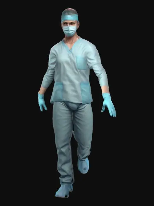 3D model for Ultra-realistic surgeon, Full body, wearing surgical gloves and vetemnet, Symmetrical and highly detailed, with expressive eyes, soft facial features and a modern, casual style. Perfect proportions for a realistic character model, Game Assets, Full body, Digital art, Fine details, Highly detailed, High resolution, t pose, A-pose, arms extended outwards, digital art, 4k masterpiece, 