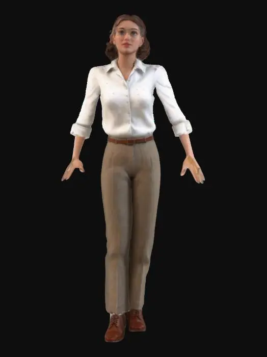 3D model for Physics researcher, wearing a white blouse with chemical compound stains. Tweed pants, brown shoes, university researcher, 1950s style, Vintage, Very detailed, T pose, realistic,