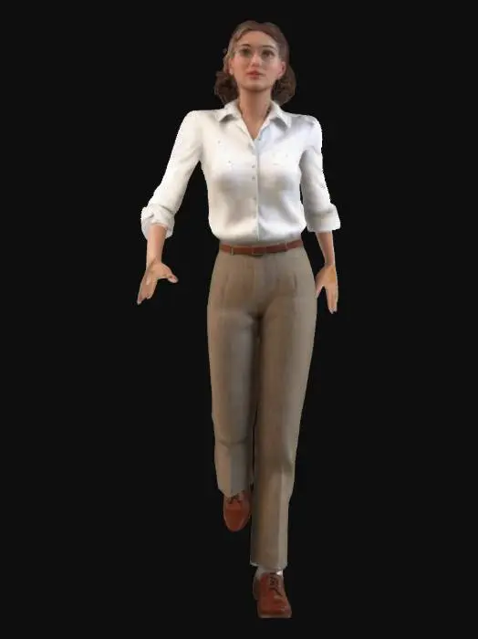 3D model for Physics researcher, wearing a white blouse with chemical compound stains. Tweed pants, brown shoes, university researcher, 1950s style, Vintage, Very detailed, T pose, realistic,