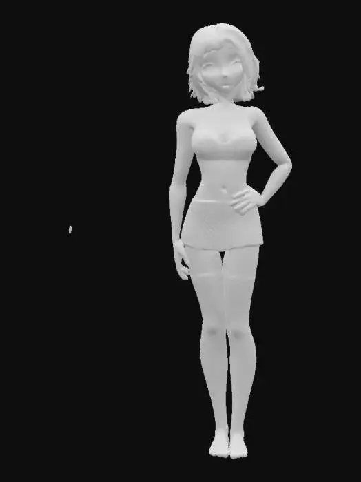 3D model for Photorealism, Slim and athletic woman, approx. 35 years old, standing in position A. She has short, hair with small bang, a white complexion and soft make-up. Dressed in a bustier fitted to her large breasts, a mini skirt revealing black stockings. Realistic human anatomy. Includes PBR textures, detailed hair, realistic shadows and soft lighting. High-quality, optimized 3D.