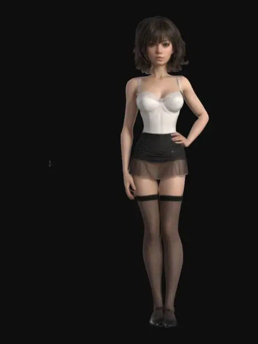 3D model for Photorealism, Slim and athletic woman, approx. 35 years old, standing in position A. She has short, hair with small bang, a white complexion and soft make-up. Dressed in a bustier fitted to her large breasts, a mini skirt revealing black stockings. Realistic human anatomy. Includes PBR textures, detailed hair, realistic shadows and soft lighting. High-quality, optimized 3D.