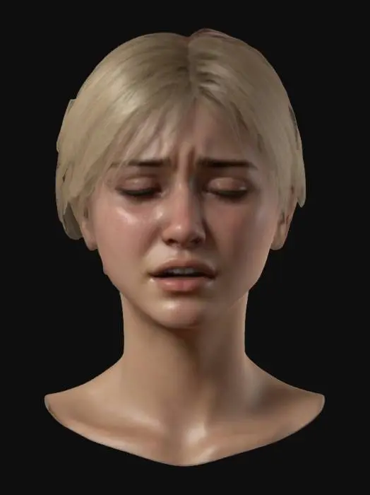 3D model for A young woman cries, her attitude showing great distress and sadness. 
Her face is soft and natural. She has short blond hair, a natural look and light clothing. Photorealism, high-resolution textures, detailed face, PBR textures included, photorealism, detailed hair, realistic shadows and soft lighting. High-quality 3D. 