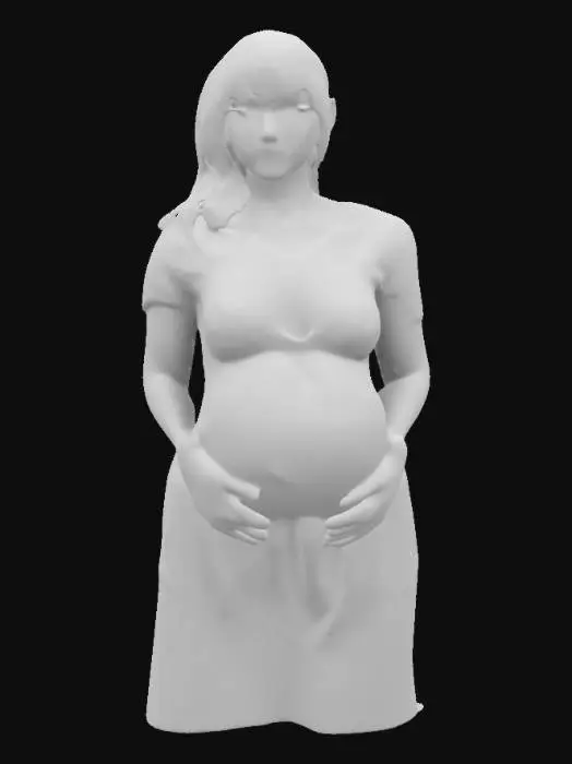 3D model for #valentine#, Ultra-realistic, pretty pregnant woman, holding her belly.fringe haircut and ponytail,in a light fabric dress with printed hearts. Includes PBR textures, detailed hair, PBR textures, photorealism, detailed hair, realistic skin shadows and soft lighting. High-quality, optimized 3D., #valentine#