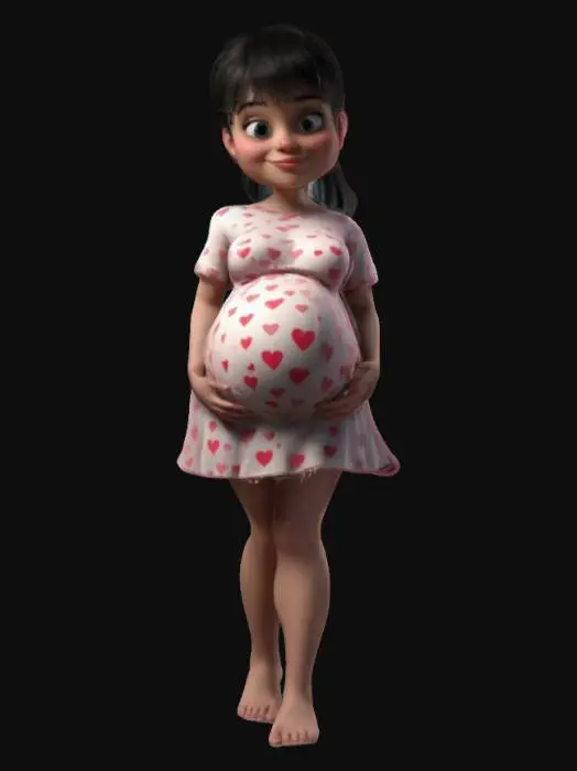 3D model for #valentine#, Ultra-realistic, pretty pregnant woman, holding her belly.fringe haircut and ponytail,in a light fabric dress with printed hearts. Includes PBR textures, detailed hair, PBR textures, photorealism, detailed hair, realistic skin shadows and soft lighting. High-quality, optimized 3D., #valentine#