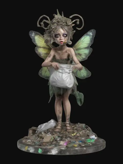 3D model for #fairy#, The filthy fairy, fairy of garbage and dirt, a cigarette in her mouth, outrageous make-up. dirty butterfly wings. textured hair tousled greasy and dirty. holding in one hand a garbage bag and in the other a magic tub. She flies over a circular base on which rests a large pile of garbage., #fairy#