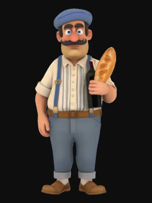 3D model for #emblem#, In cartoon style, a French man, wearing a white switchirt with blue stripes, a Basque beret on his head and a thin moustache. A baguette bread under his arm and a bottle of wine in his hand.
Big clogs on his feet. An arrogant look. Full body, Designed for video games, Highly detailed realistic texture, Digital art, 4k,
