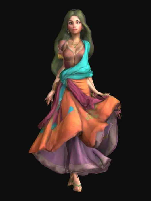 3D model for Cartoon style, Ultra-realistic, Beautiful woman, Esmeralda engaged to quasimodo,Paris in 1780s, Gittane clothing in the 1789s. Full body, Designed for video games, Realistic and highly detailed texture, Digital art, 4k, Fine details, Clean lines, Vivid colors, Unity-ready, Character Design, mmorpg,