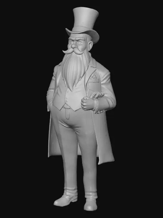 3D model for #villain#, Cartoon style and ultra-realistic, old banker with banknotes sticking out of his pockets.