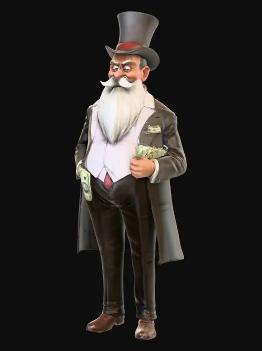 3D model for #villain#, Cartoon style and ultra-realistic, old banker with banknotes sticking out of his pockets.