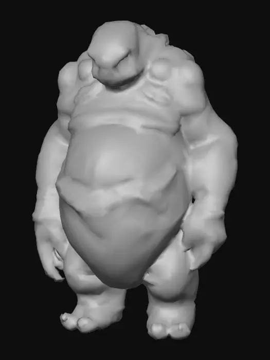 3D model for Un imposant être grotesque, d'une masse considérable et d'une apparence repoussante. Sa surface est recouverte d'une peau bulbeuse et craquelée, d'une texture rugueuse et d'un aspect visqueux par endroits, évoquant une matière organique altérée. Sa couleur est un mélange terne de verts boueux et de bruns grisâtres, avec des taches de pourpre. Sa forme est amorphe et asymétrique, avec des bosses inégales et des creux profonds, rendant son contact potentiellement friable et froid.