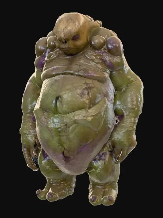 3D model for Un imposant être grotesque, d'une masse considérable et d'une apparence repoussante. Sa surface est recouverte d'une peau bulbeuse et craquelée, d'une texture rugueuse et d'un aspect visqueux par endroits, évoquant une matière organique altérée. Sa couleur est un mélange terne de verts boueux et de bruns grisâtres, avec des taches de pourpre. Sa forme est amorphe et asymétrique, avec des bosses inégales et des creux profonds, rendant son contact potentiellement friable et froid.