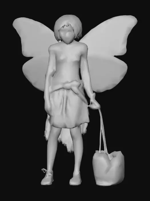 3D model for #villain#, A filthy fairy features an expression of defiance, with outrageous, smudged makeup and a cigarette in her mouth. Her textured hair is tousled, greasy, and matted. She has large, translucent butterfly wings, dull and frayed from dirt and grime. In one hand, she clutches a dark, lumpy garbage bag, and in the other, a small, worn magic tub. Her slender form is draped in tattered, discolored garments, emphasizing her unkempt appearance.