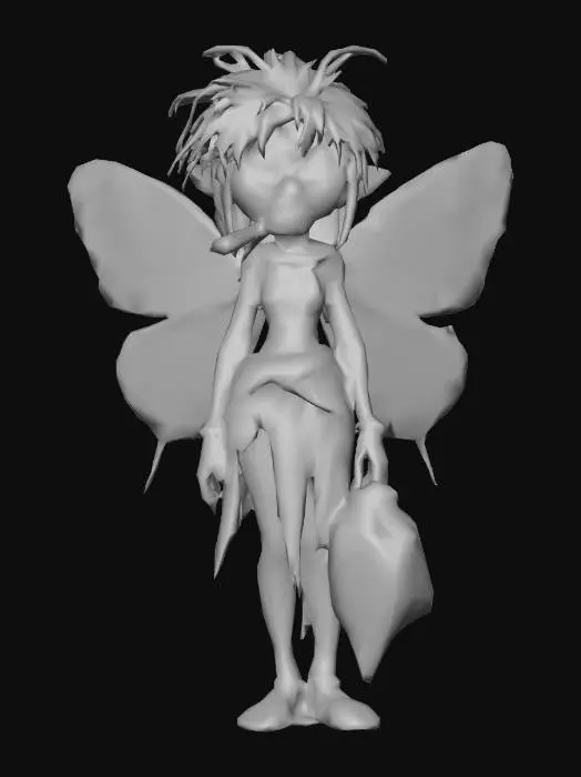 3D model for #villain#, A filthy fairy features an expression of defiance, with outrageous, smudged makeup and a cigarette in her mouth. Her textured hair is tousled, greasy, and matted. She has large, translucent butterfly wings, dull and frayed from dirt and grime. In one hand, she clutches a dark, lumpy garbage bag, and in the other, a small, worn magic tub. Her slender form is draped in tattered, discolored garments, emphasizing her unkempt appearance.