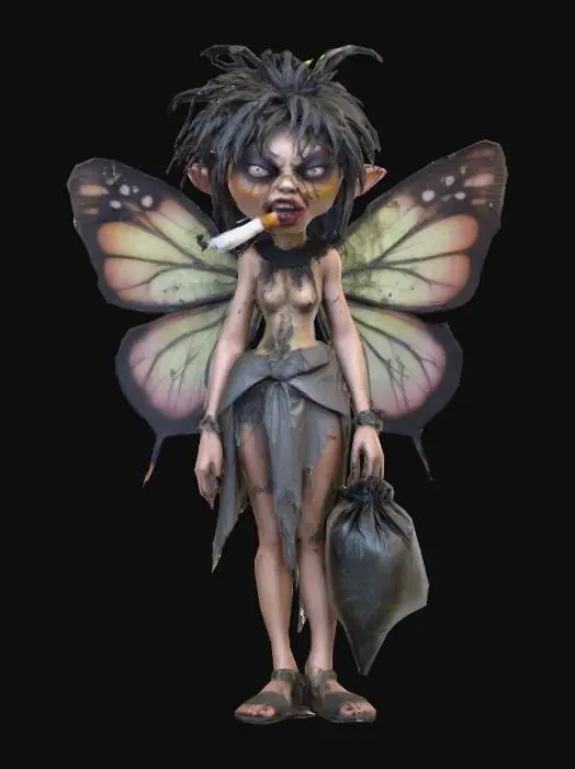 3D model for #villain#, A filthy fairy features an expression of defiance, with outrageous, smudged makeup and a cigarette in her mouth. Her textured hair is tousled, greasy, and matted. She has large, translucent butterfly wings, dull and frayed from dirt and grime. In one hand, she clutches a dark, lumpy garbage bag, and in the other, a small, worn magic tub. Her slender form is draped in tattered, discolored garments, emphasizing her unkempt appearance.