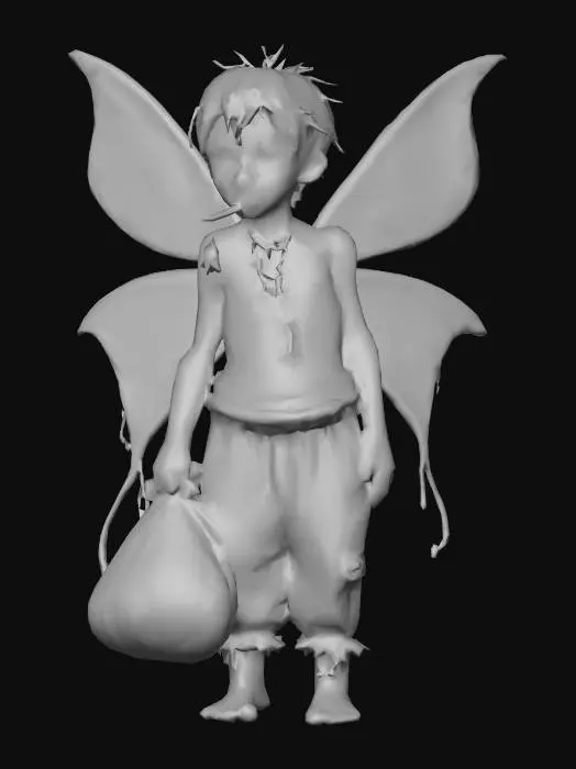 3D model for #villain#, A filthy fairy features an expression of defiance, with outrageous, smudged makeup and a cigarette in her mouth. Her textured hair is tousled, greasy, and matted. She has large, translucent butterfly wings, dull and frayed from dirt and grime. In one hand, she clutches a dark, lumpy garbage bag, and in the other, a small, worn magic tub. Her slender form is draped in tattered, discolored garments, emphasizing her unkempt appearance.