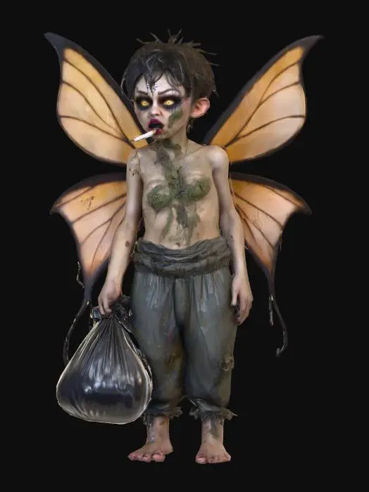 3D model for #villain#, A filthy fairy features an expression of defiance, with outrageous, smudged makeup and a cigarette in her mouth. Her textured hair is tousled, greasy, and matted. She has large, translucent butterfly wings, dull and frayed from dirt and grime. In one hand, she clutches a dark, lumpy garbage bag, and in the other, a small, worn magic tub. Her slender form is draped in tattered, discolored garments, emphasizing her unkempt appearance.