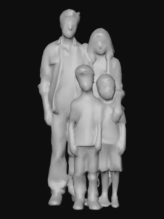 3D model for Une famille de quatre, composée d'un père, d'une mère, d'un garçon et d'une fille, tous arborant une apparence négligée et salie. Leurs vêtements sont froissés, décolorés et parsemés de taches diverses, d'une texture rêche et poussiéreuse. Les cheveux de chacun sont emmêlés, gras et d'une couleur terne, tombant en mèches indisciplinées. Leur peau peut présenter des traces de saleté et un aspect parfois cireux ou rugueux, reflétant un manque de propreté évident.