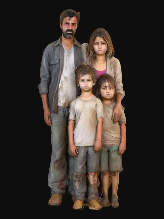 3D model for Une famille de quatre, composée d'un père, d'une mère, d'un garçon et d'une fille, tous arborant une apparence négligée et salie. Leurs vêtements sont froissés, décolorés et parsemés de taches diverses, d'une texture rêche et poussiéreuse. Les cheveux de chacun sont emmêlés, gras et d'une couleur terne, tombant en mèches indisciplinées. Leur peau peut présenter des traces de saleté et un aspect parfois cireux ou rugueux, reflétant un manque de propreté évident.