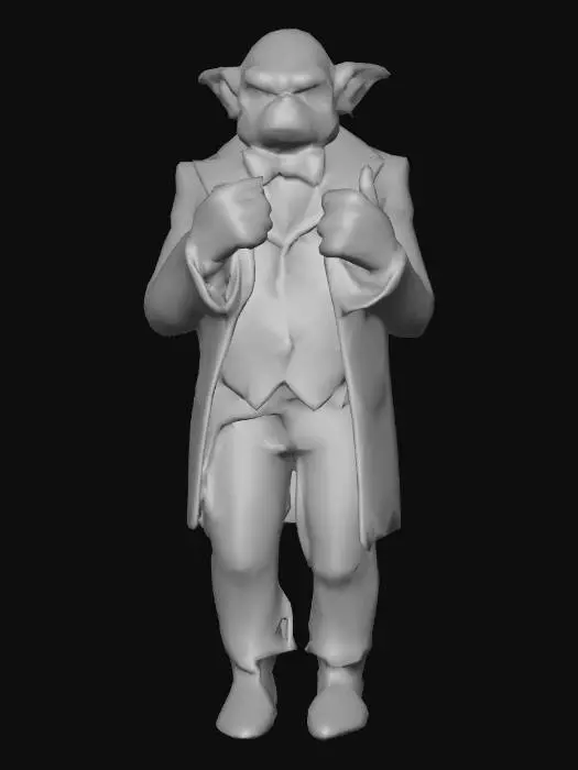 3D model for #villain#, Un troll hideux mais à la posture étonnamment raffinée. Sa peau verdâtre et verruqueuse, d'une texture rugueuse et irrégulière, contraste avec son allure droite et élégante. Il est impeccablement vêtu d'un costume en drap de laine sombre, aux lignes épurées et ajustées à sa carrure massive. Un nœud papillon en soie immaculée rehausse son cou épais, tandis que ses mains noueuses sont gainées de gants blancs. Malgré ses traits difformes et ses défenses proéminentes, il dégage une dignité surprenante.