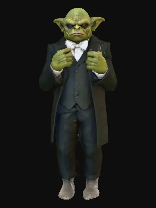 3D model for #villain#, Un troll hideux mais à la posture étonnamment raffinée. Sa peau verdâtre et verruqueuse, d'une texture rugueuse et irrégulière, contraste avec son allure droite et élégante. Il est impeccablement vêtu d'un costume en drap de laine sombre, aux lignes épurées et ajustées à sa carrure massive. Un nœud papillon en soie immaculée rehausse son cou épais, tandis que ses mains noueuses sont gainées de gants blancs. Malgré ses traits difformes et ses défenses proéminentes, il dégage une dignité surprenante.