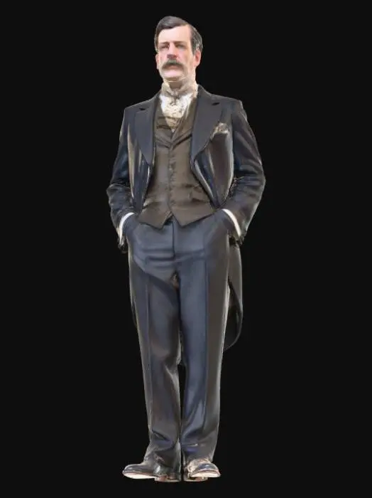 3D model for ultra réaliste, Un Lord anglais de l'époque victorienne, d'âge mûr, avec une posture droite et digne. Il porte un costume trois-pièces en laine foncée, de texture lisse, composé d'une redingote, d'un gilet élégant en soie damassée aux motifs subtils, et d'un pantalon ajusté. Une cravate en soie nouée avec précision et un col haut en coton amidonné, rigide et blanc, complètent sa tenue. Son visage est encadré par une moustache bien taillée, son expression est sérieuse et impassible. Des chaussures en cuir poli reflètent la lumière.