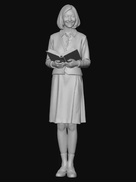 3D model for Une étudiante universitaire américaine des années 1950, jeune et soignée, avec une silhouette élancée. Elle porte une jupe plissée en laine pastel, un chemisier blanc impeccable en coton et un cardigan ajusté. Ses cheveux, d'un brun doux, sont coiffés en un élégant carré. Son visage affiche une expression studieuse, avec des yeux vifs et un léger sourire. Un livre relié en cuir est tenu dans ses mains, son corps exprimant une grâce retenue.